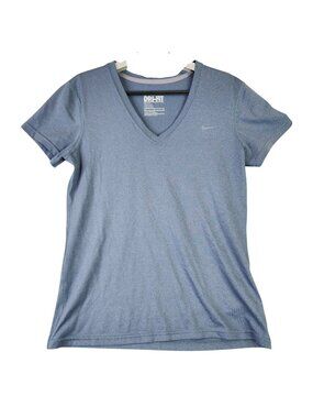 Womens Nike Blue Dri Fit Solid T Shirt Short Sleeve V Neck Polyester Reg Fit M